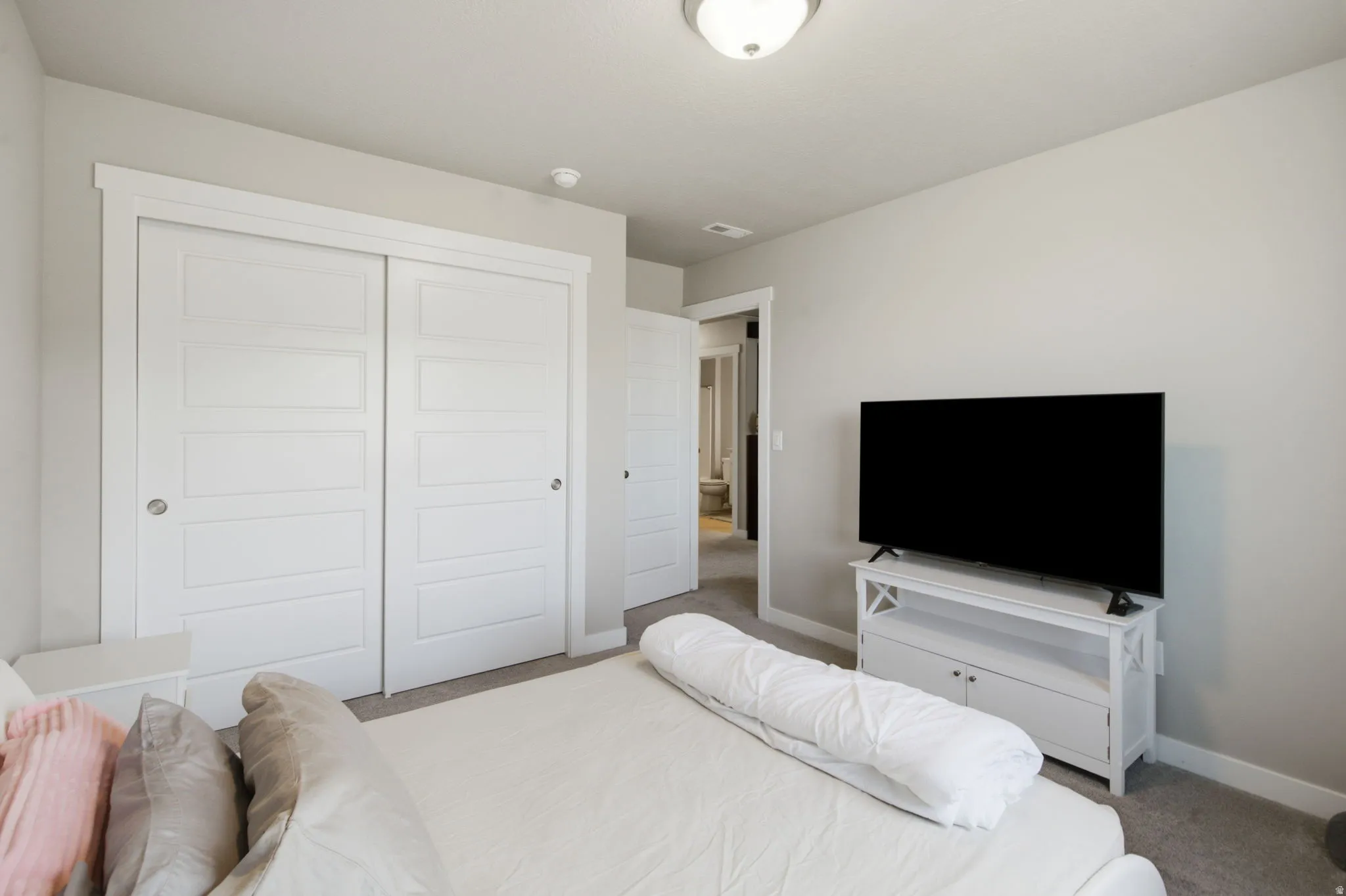 Interior room featuring light gray walls, textured carpeting, and a white flush-mount ceiling light