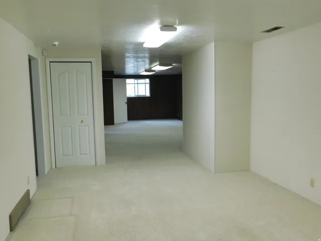Carpeted room with light-colored walls and a bi-fold door