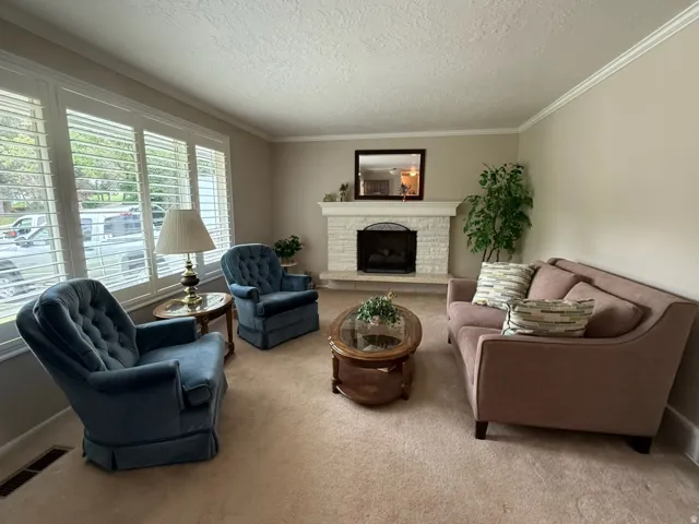 Living room featuring a white stone fireplace with a black iron screen, white crown molding, and plantation shutters