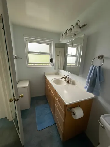 Bathroom vanity featuring a single basin, light-toned countertop, and wood-finish cabinetry