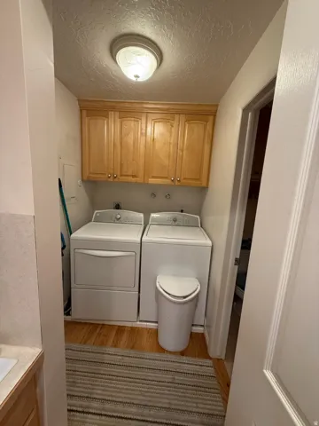 Dedicated laundry area featuring wood-finish flooring, overhead cabinetry, and a ceiling-mounted light fixture