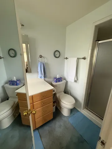 Bathroom featuring a shower enclosure, dual toilets, and a wood-finish storage cabinet with multiple drawers