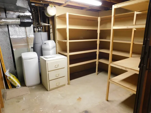 Extensive built-in shelving provides ample storage solutions