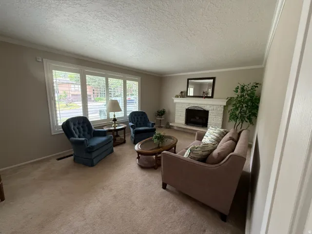 Living area featuring a textured ceiling and neutral paint tones