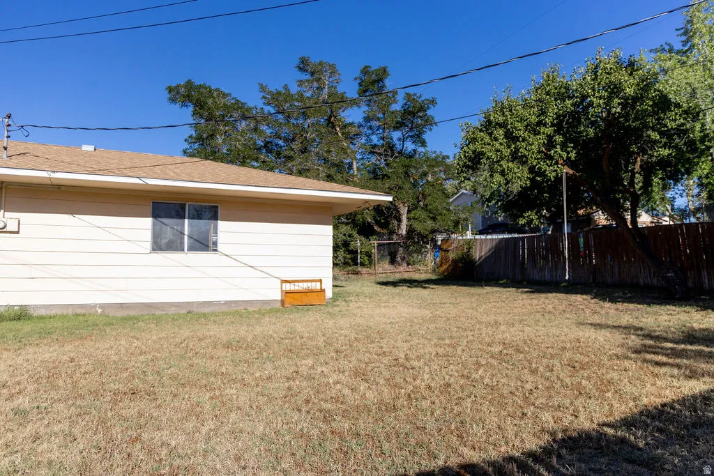 Expansive backyard featuring a fenced perimeter, mature tree, and broad lawn area