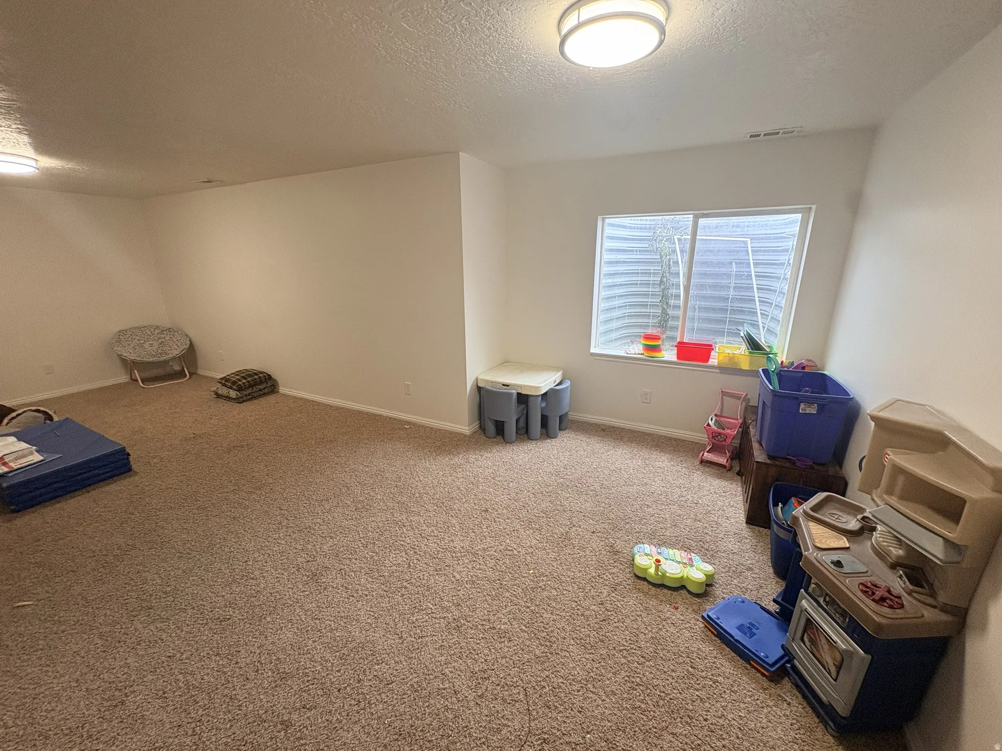 Spacious room featuring neutral carpeting, light-colored walls, and a large egress window with a window well