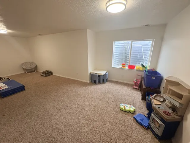 Spacious room featuring neutral carpeting, light-colored walls, and a large egress window with a window well