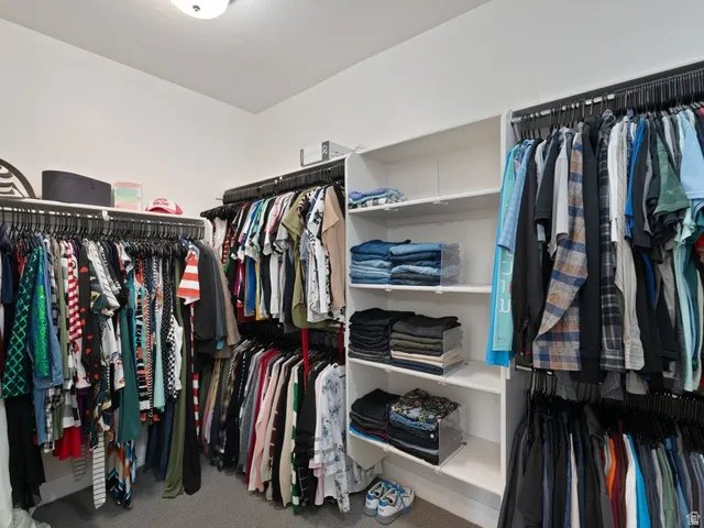 Walk-in closet featuring white wall-mounted shelving, multiple hanging rods, and light gray carpeting