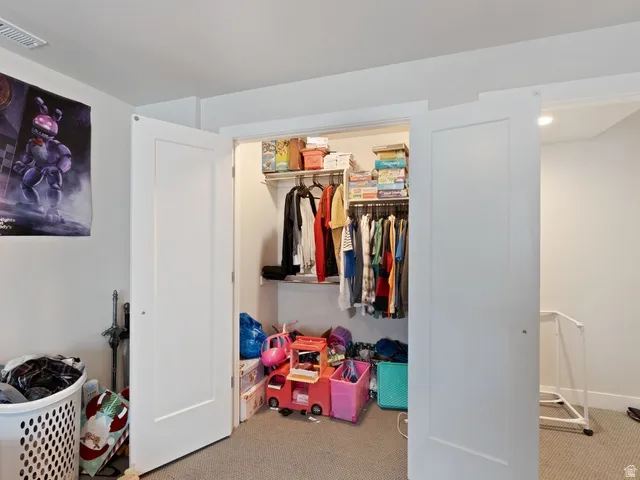 Double bifold doors opening to a closet featuring a wire shelving system and carpet flooring