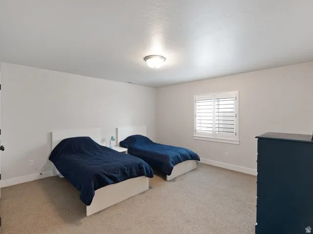Carpeted room featuring a ceiling-mounted light fixture, a window with plantation shutters, and light-toned walls with white trim