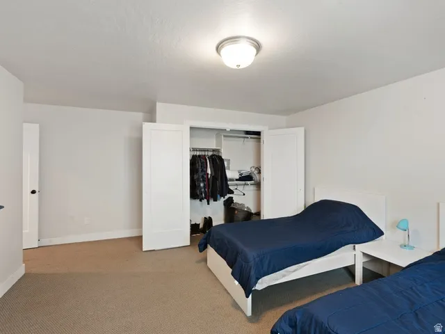 Recessed closet with double doors, overhead lighting, and carpeted flooring