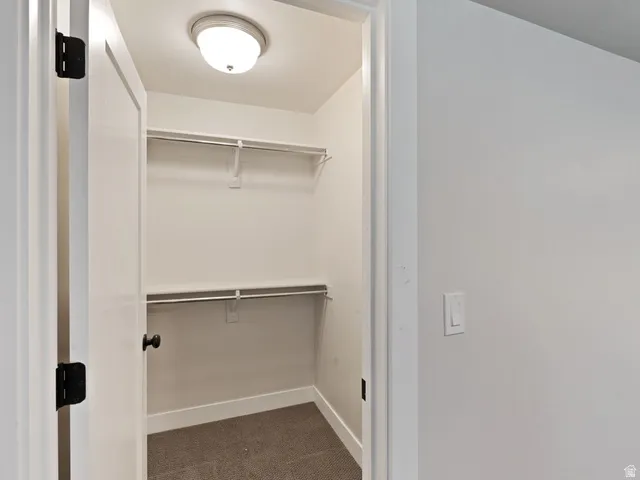 Walk-in closet featuring white painted walls, a flush-mount ceiling light, and wall-mounted shelving with hanging rods