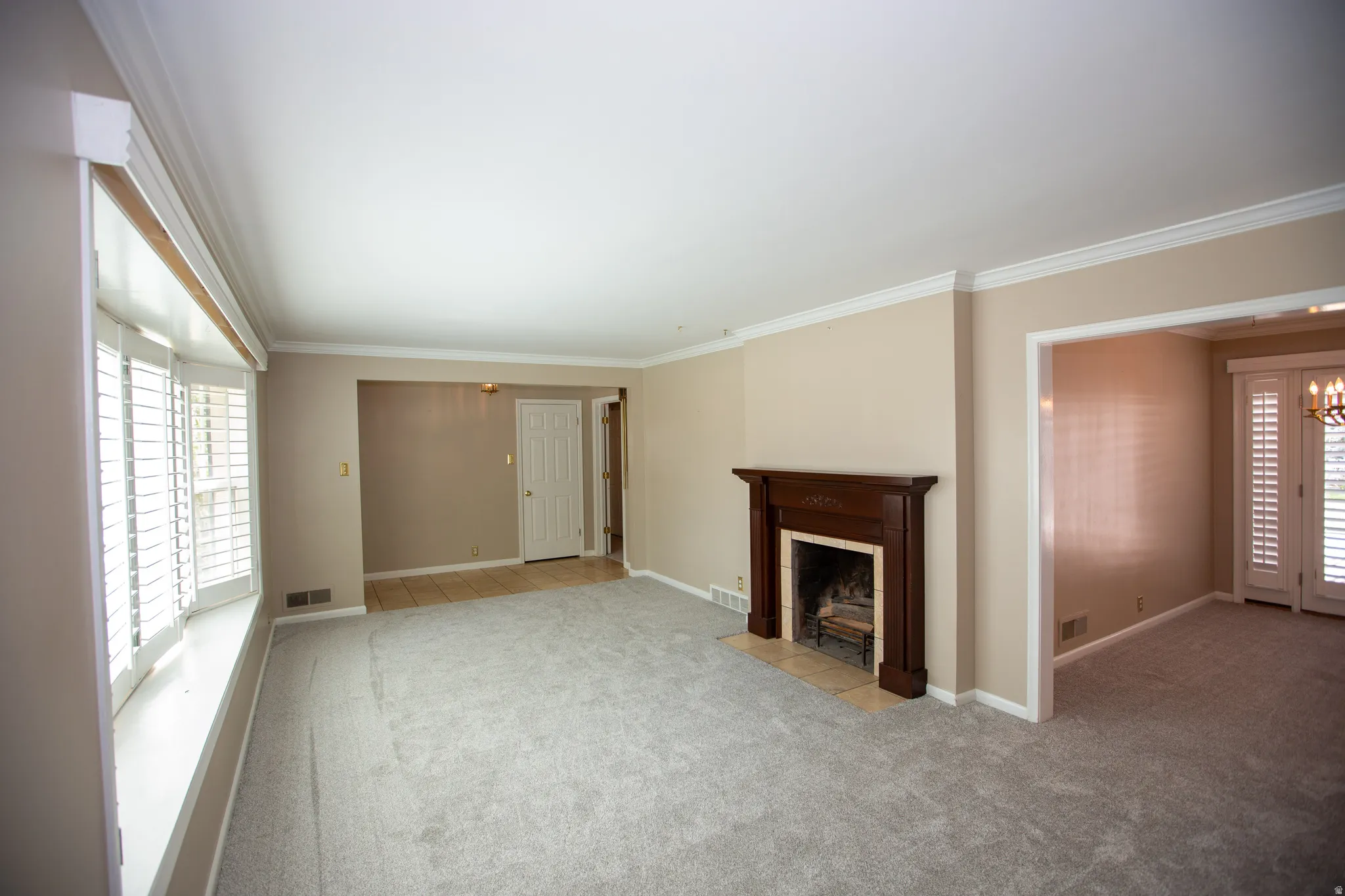 Spacious room featuring light gray carpeting, a wood-surround fireplace with a hearth, a bay window with plantation shutters, crown molding, and a doorway opening to another room
