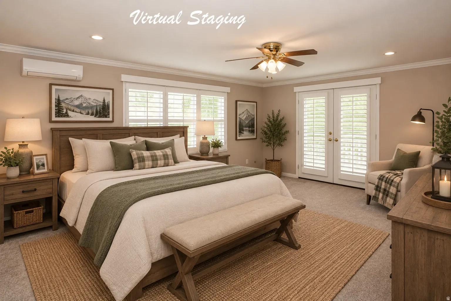 Bedroom featuring a wood-finish bed frame, carpet flooring, dual windows with plantation shutters, French doors, and a ceiling fan with integrated lighting
