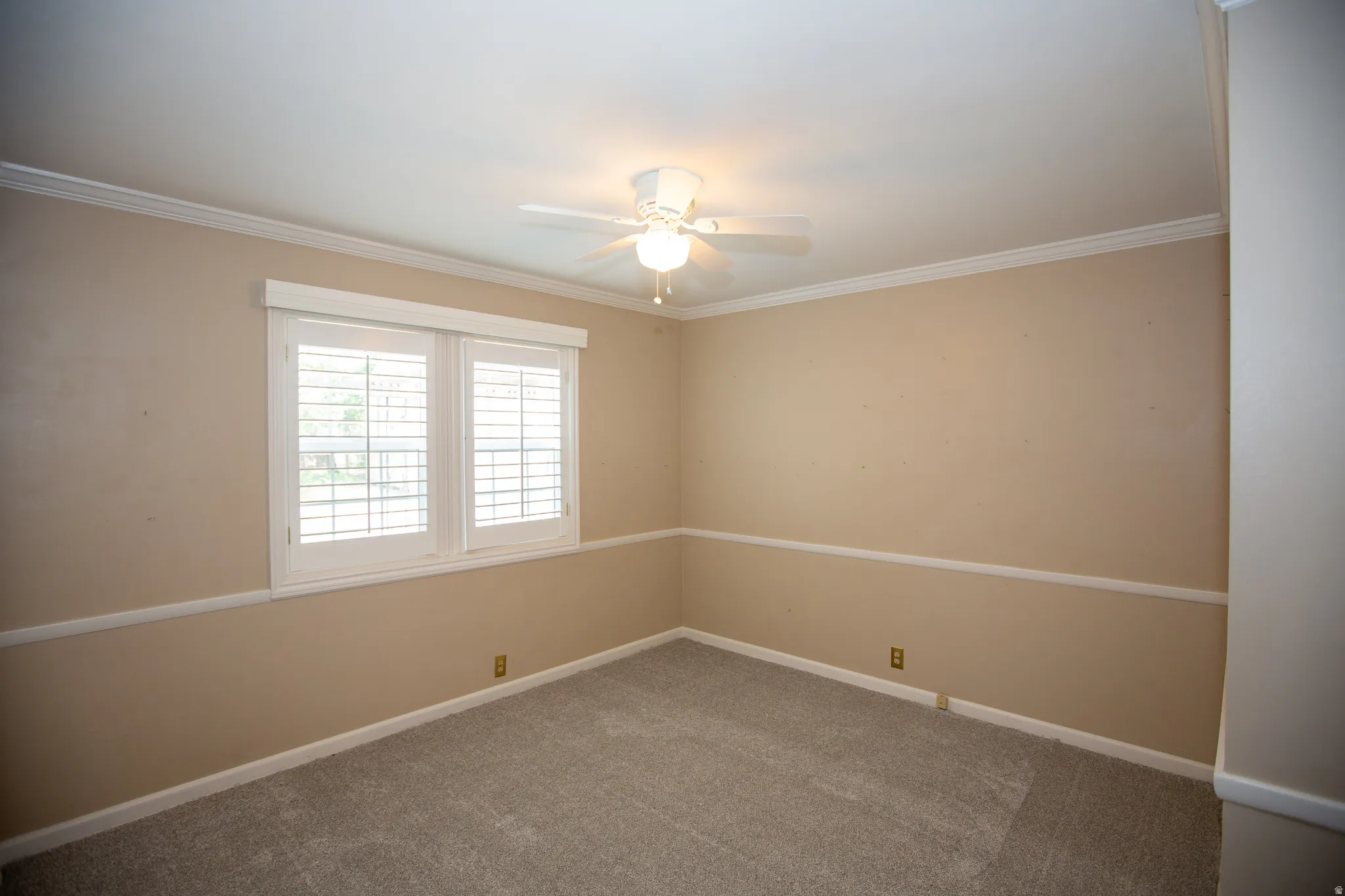 Room featuring neutral wall tones, crown molding, and a chair rail