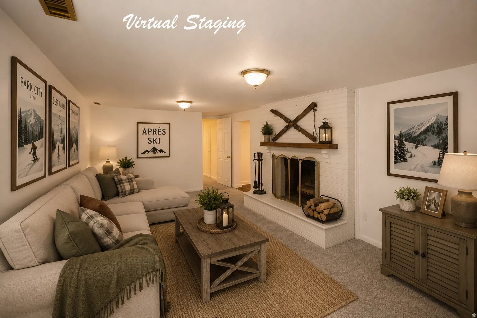 Spacious living area featuring a white brick fireplace with a wood-finish mantel, carpet flooring, and recessed ceiling lighting