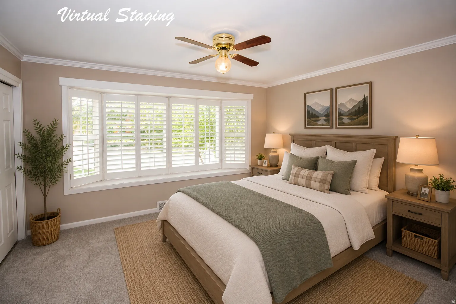 Bay window with white plantation shutters, crown molding, a ceiling fan with integrated lighting, and neutral-toned wall paint