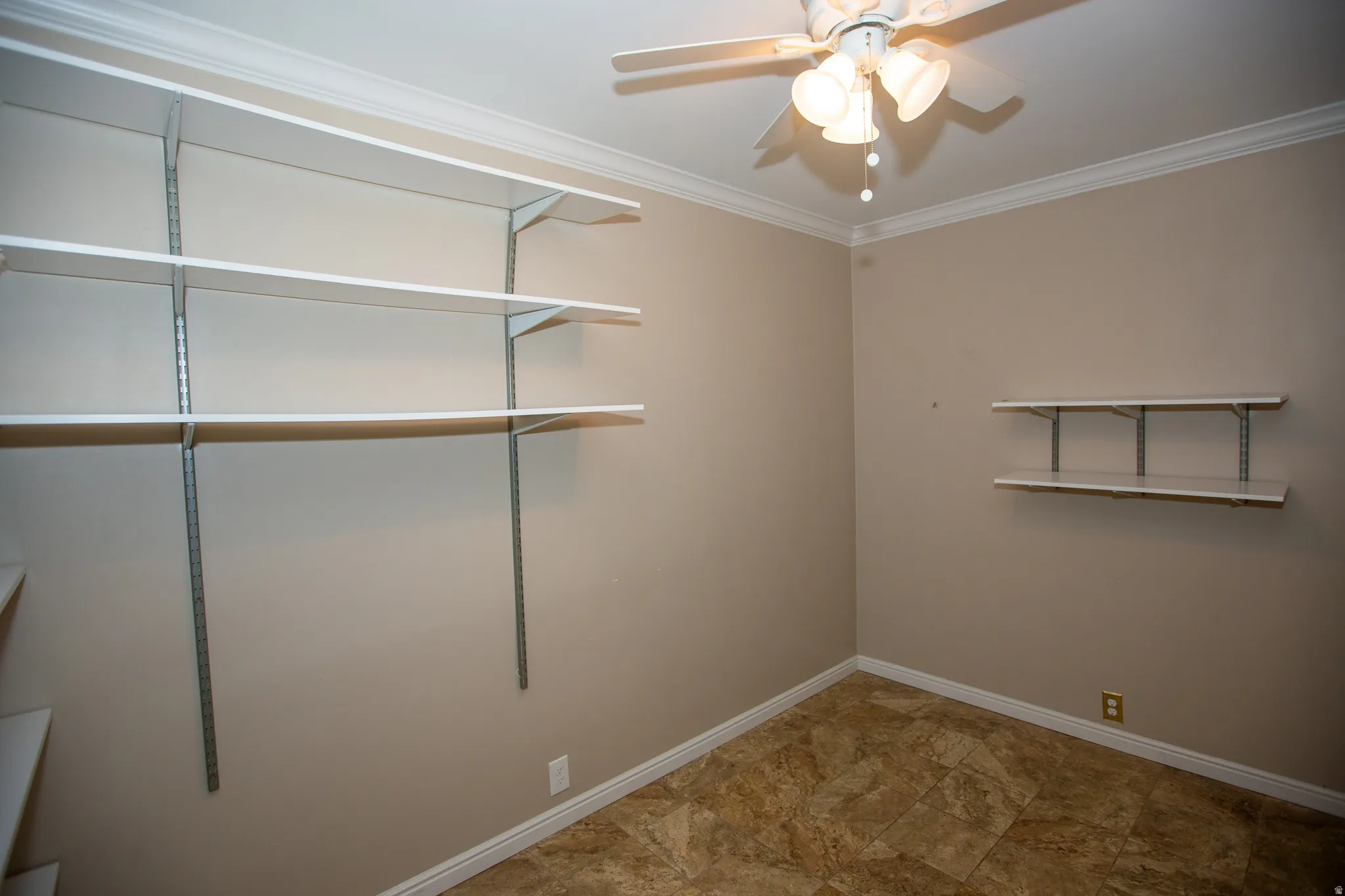 Storage/Office with neutral tone wall paint with white crown molding