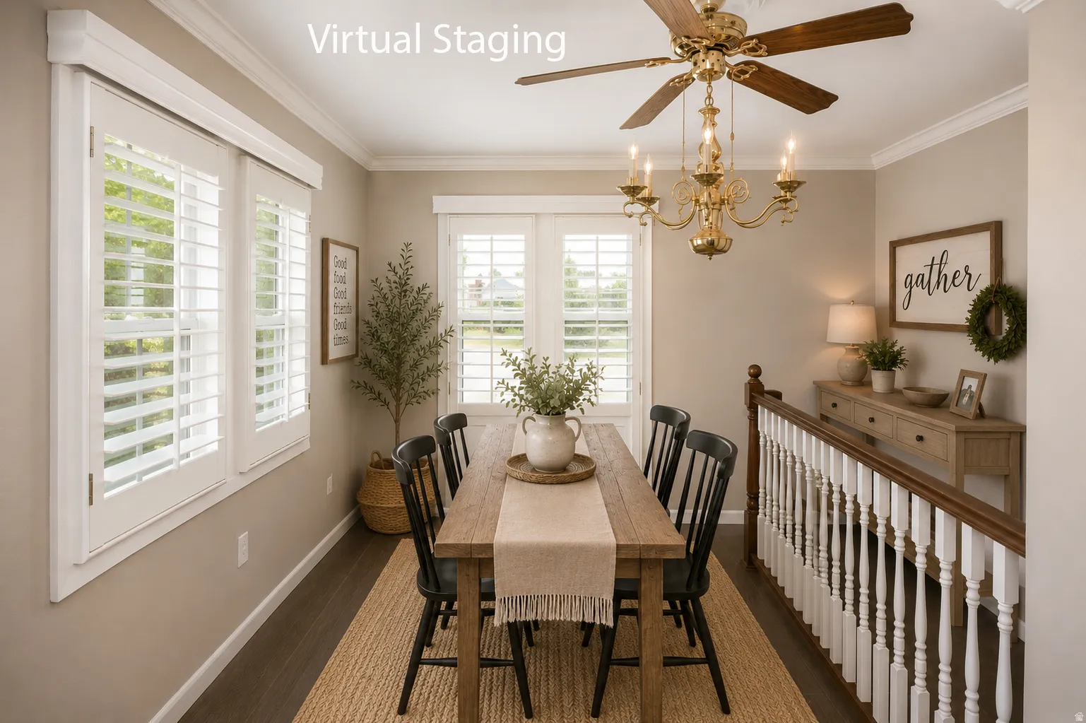 Breakfast area featuring wood-finish flooring, white window shutters, and a brass chandelier with integrated ceiling fan