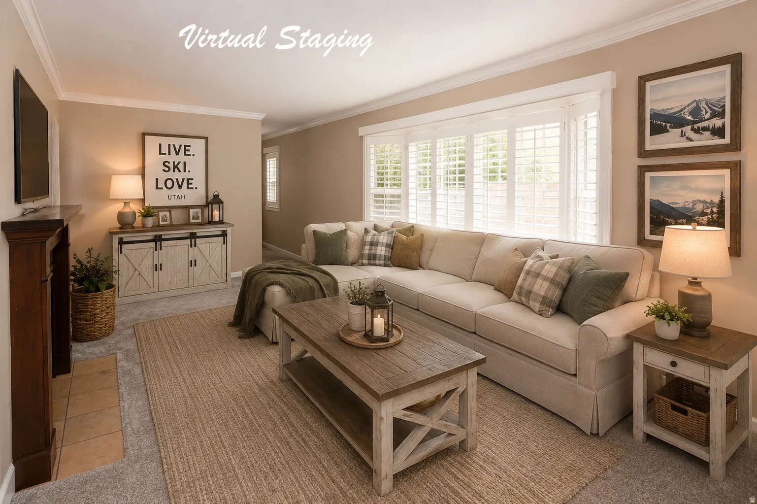 Living area with neutral wall tones and crown molding