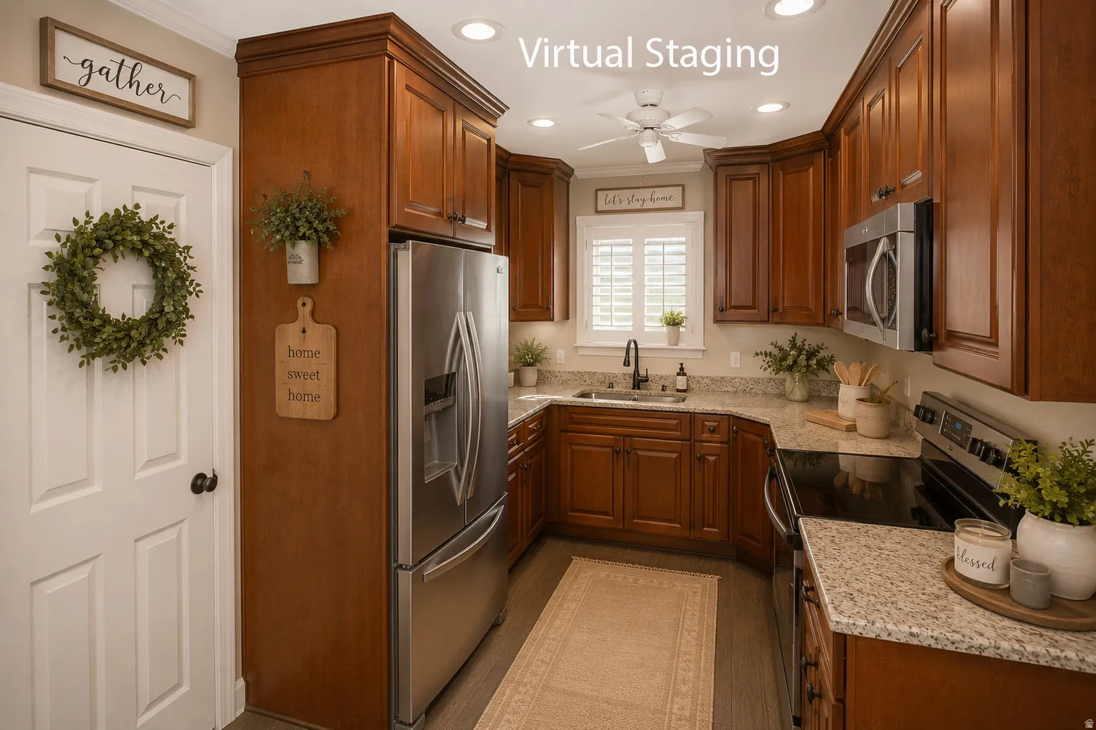 Kitchen featuring wood-finish cabinetry, granite-style countertops, stainless steel appliances, a ceiling fan, and recessed lighting