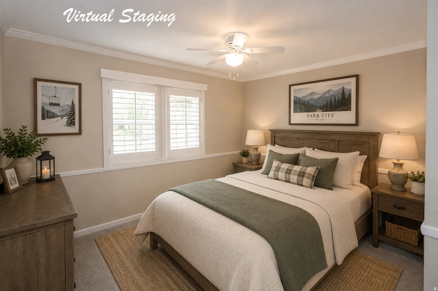 Bedroom featuring crown molding, two windows with white plantation shutters, a ceiling fan with light fixture, and carpeting