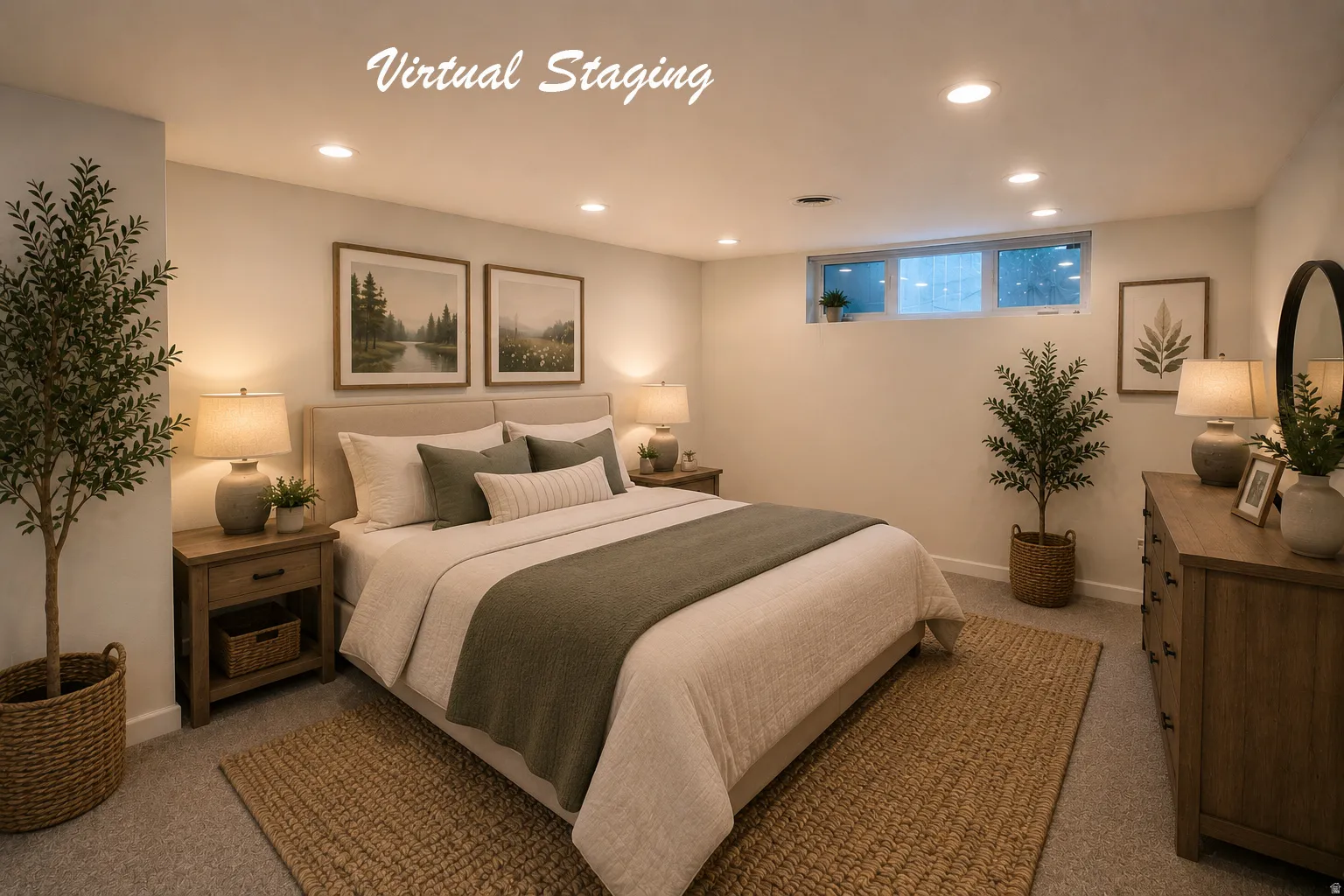 Spacious room featuring neutral wall tones, recessed ceiling lighting, a framed window, and plush carpeting