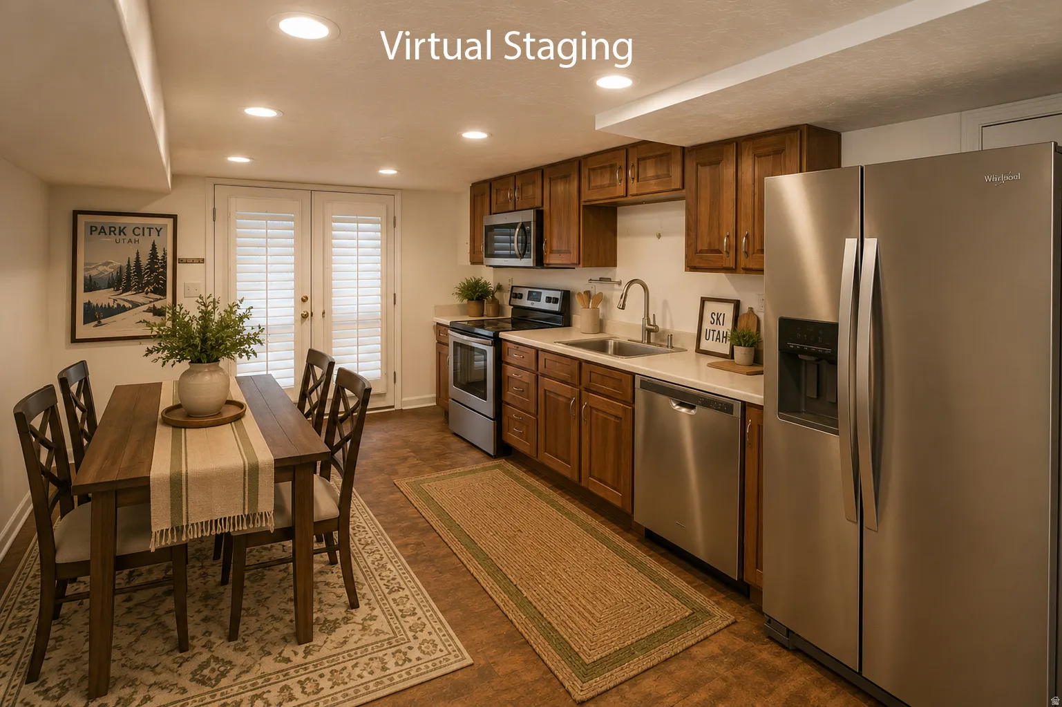 Kitchen featuring wood-finish flooring, stainless steel appliances, wood cabinetry, light-toned countertops, and recessed lighting