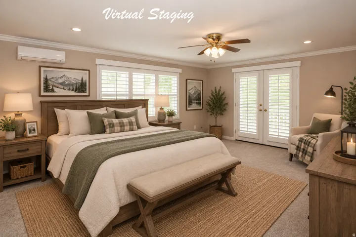 Bedroom featuring a wood-finish bed frame, carpet flooring, dual windows with plantation shutters, French doors, and a ceiling fan with integrated lighting