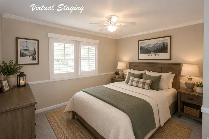 Bedroom featuring crown molding, two windows with white plantation shutters, a ceiling fan with light fixture, and carpeting