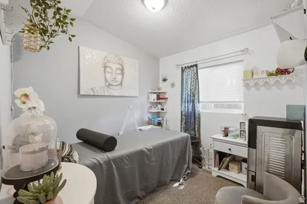 Carpeted interior room with light grey walls, featuring a single window with blinds and patterned curtains
