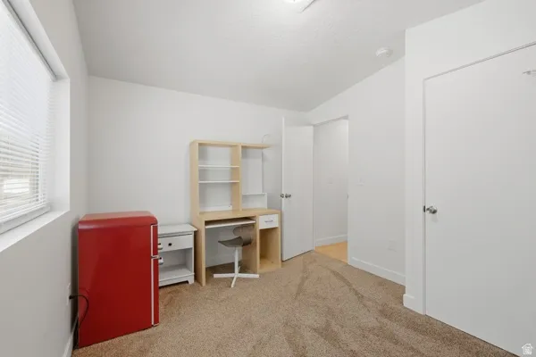 Carpeted room with white walls, a single window with horizontal blinds, and a solid white door