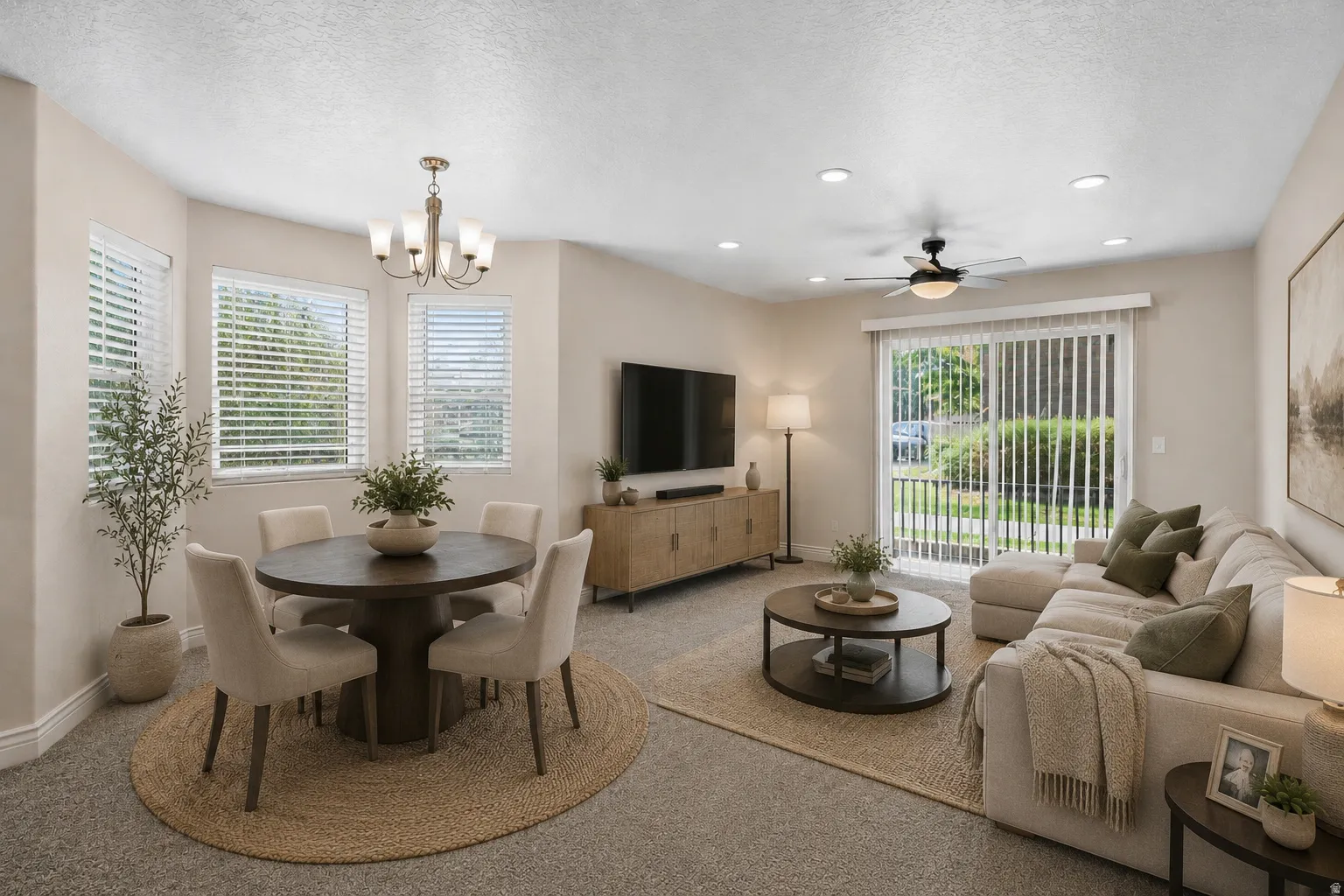 Open-concept living and dining area featuring plush carpeting, recessed lighting, and a sliding glass door providing outdoor access