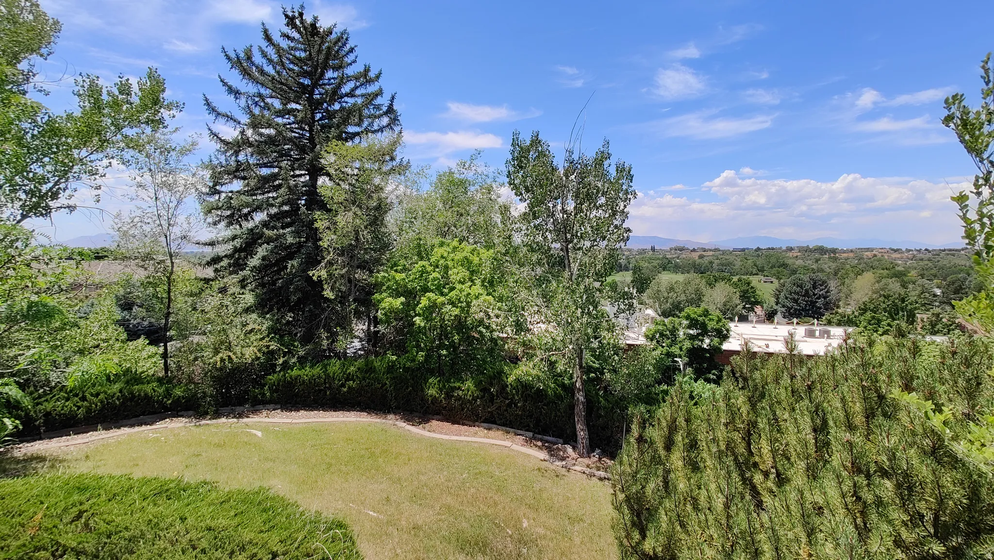 Expansive outdoor space featuring a manicured lawn, established landscaping, and mature trees