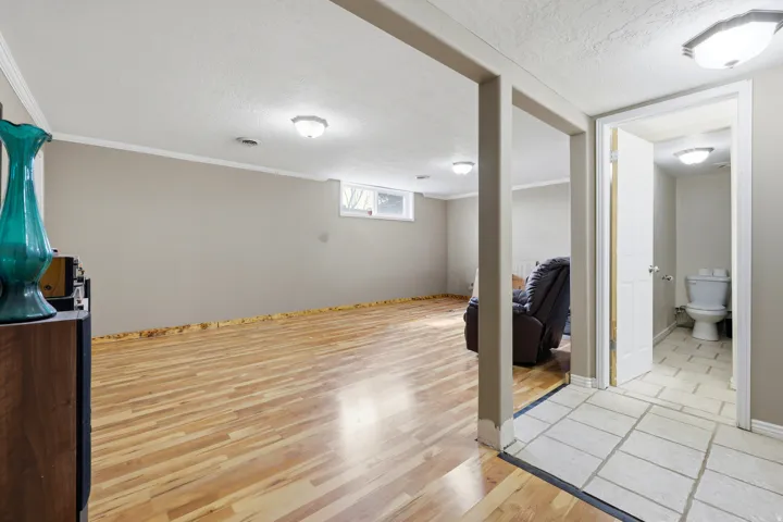 Lower-level living area featuring wood-finish flooring, recessed lighting, and a window