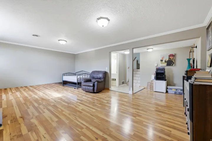 Spacious room featuring wood-finish flooring, light gray wall paint, white crown molding, and two ceiling-mounted light fixtures