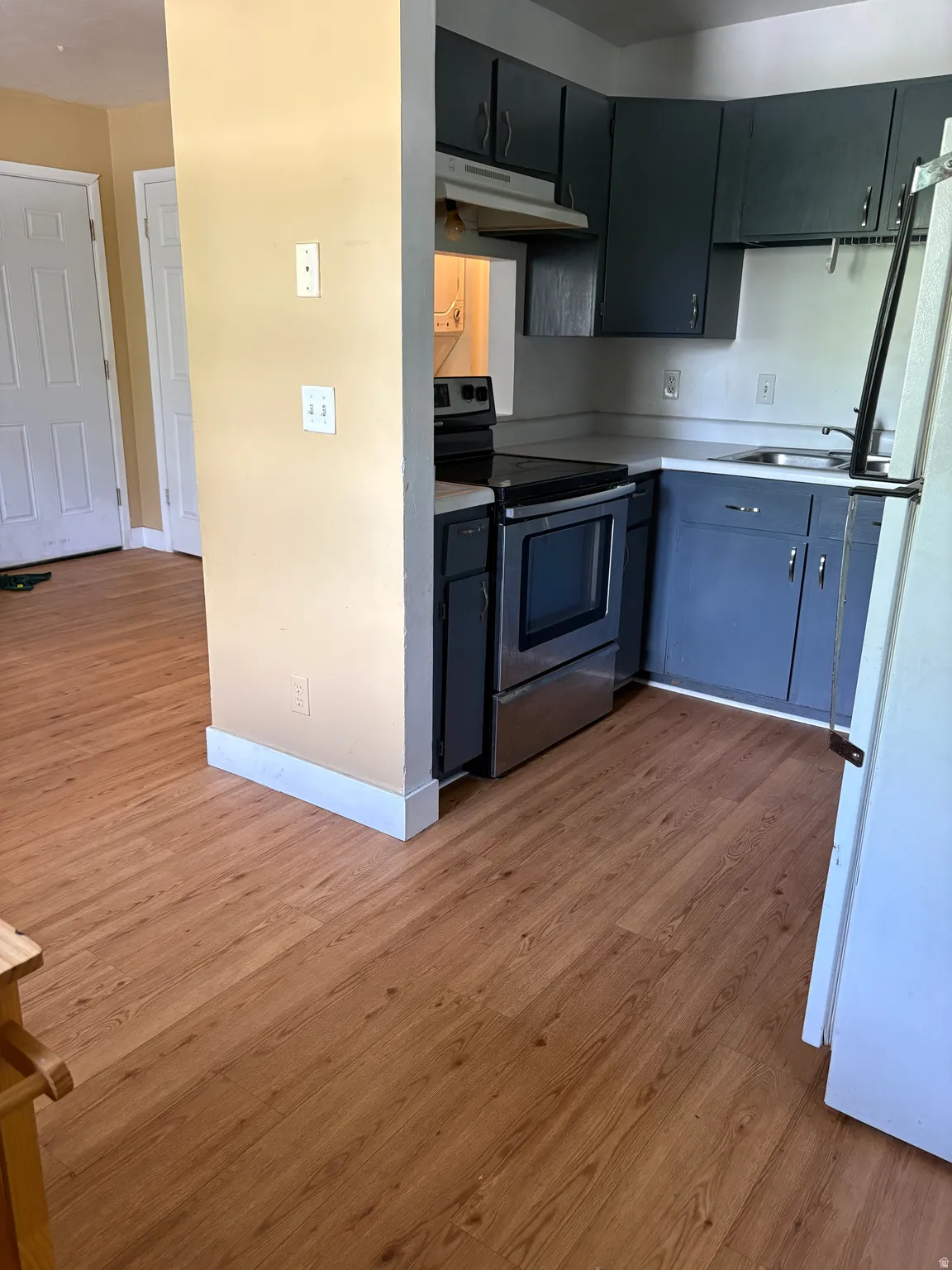 Kitchen featuring wood-finish flooring, dark cabinetry, and a stainless steel oven/range