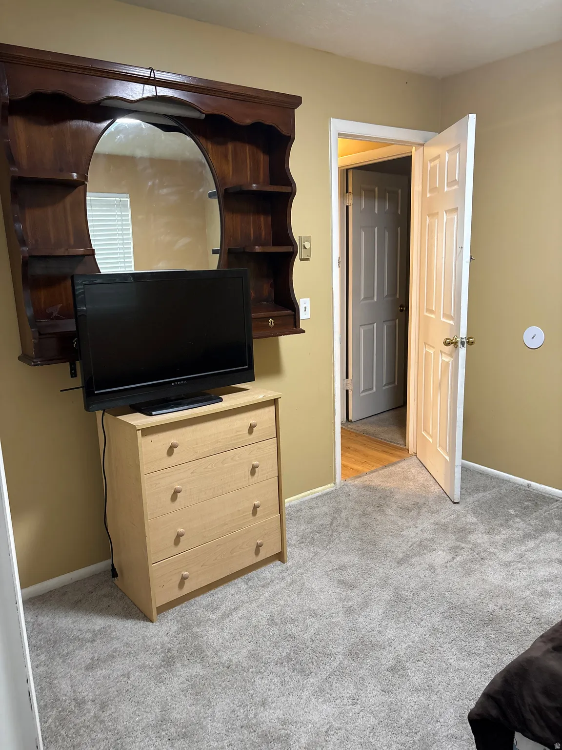 Wall-to-wall gray carpeting throughout the space