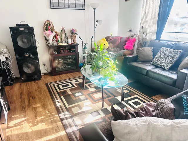 Wood-finish flooring throughout the living space