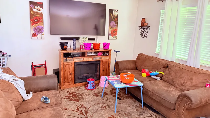 Living area featuring light-toned walls, wood-finish flooring, and multiple windows with white blinds