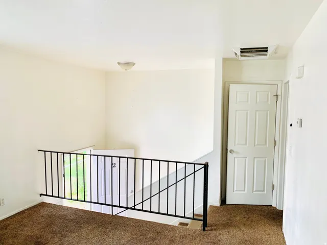Upper-level landing featuring neutral carpeting, a white paneled interior door, and a black metal railing overlooking the lower level