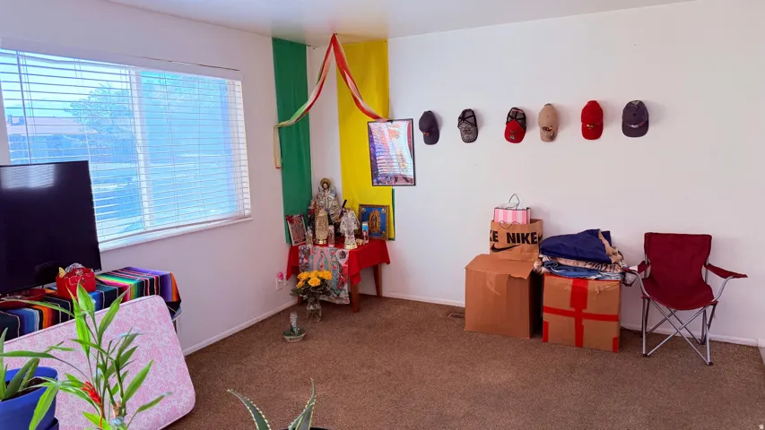 Carpeted interior space featuring a large window with horizontal blinds, a white wall finish, and a corner alcove