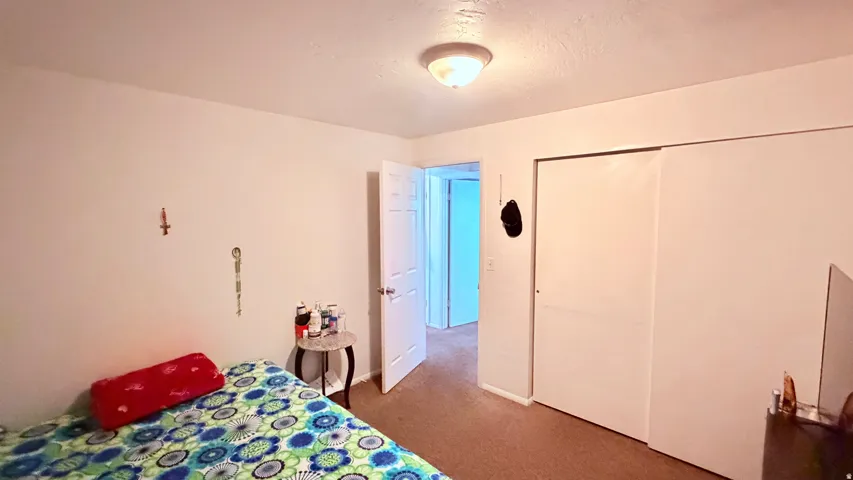 Carpeted room featuring white walls, a flush-mount ceiling light fixture, and a built-in closet with sliding doors