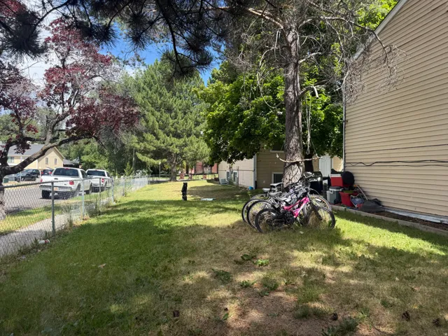 Grassed yard area featuring mature trees and a chain-link fence bordering the street