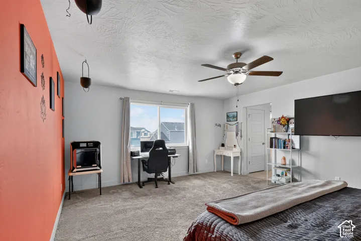 Carpeted room with a ceiling fan light fixture, white interior door, and a horizontal window