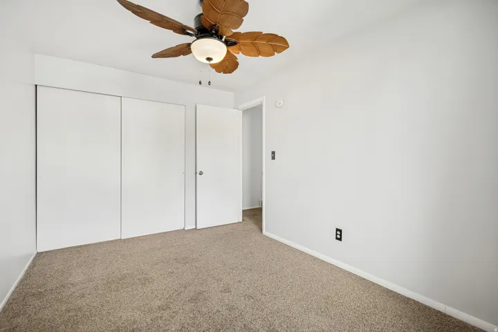 Carpeted room featuring a ceiling fan with leaf-shaped blades and central lighting, white walls, and white trim