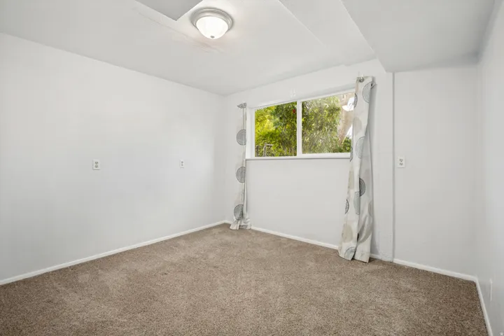Carpeted room featuring a double window with exterior greenery, white baseboards, and a flush-mount ceiling light fixture