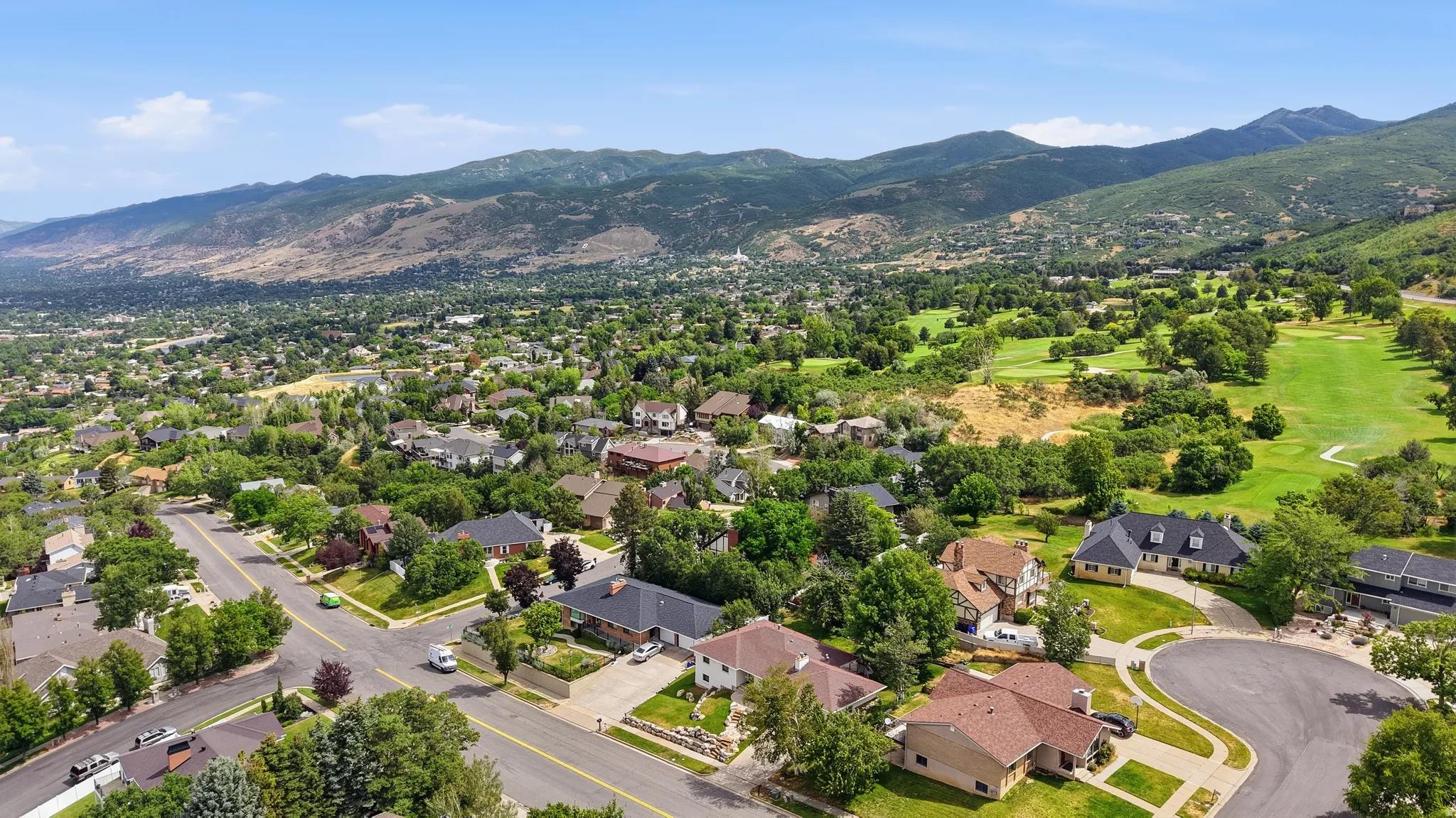 Aerial perspective showcasing a residential area with mature trees and paved streets