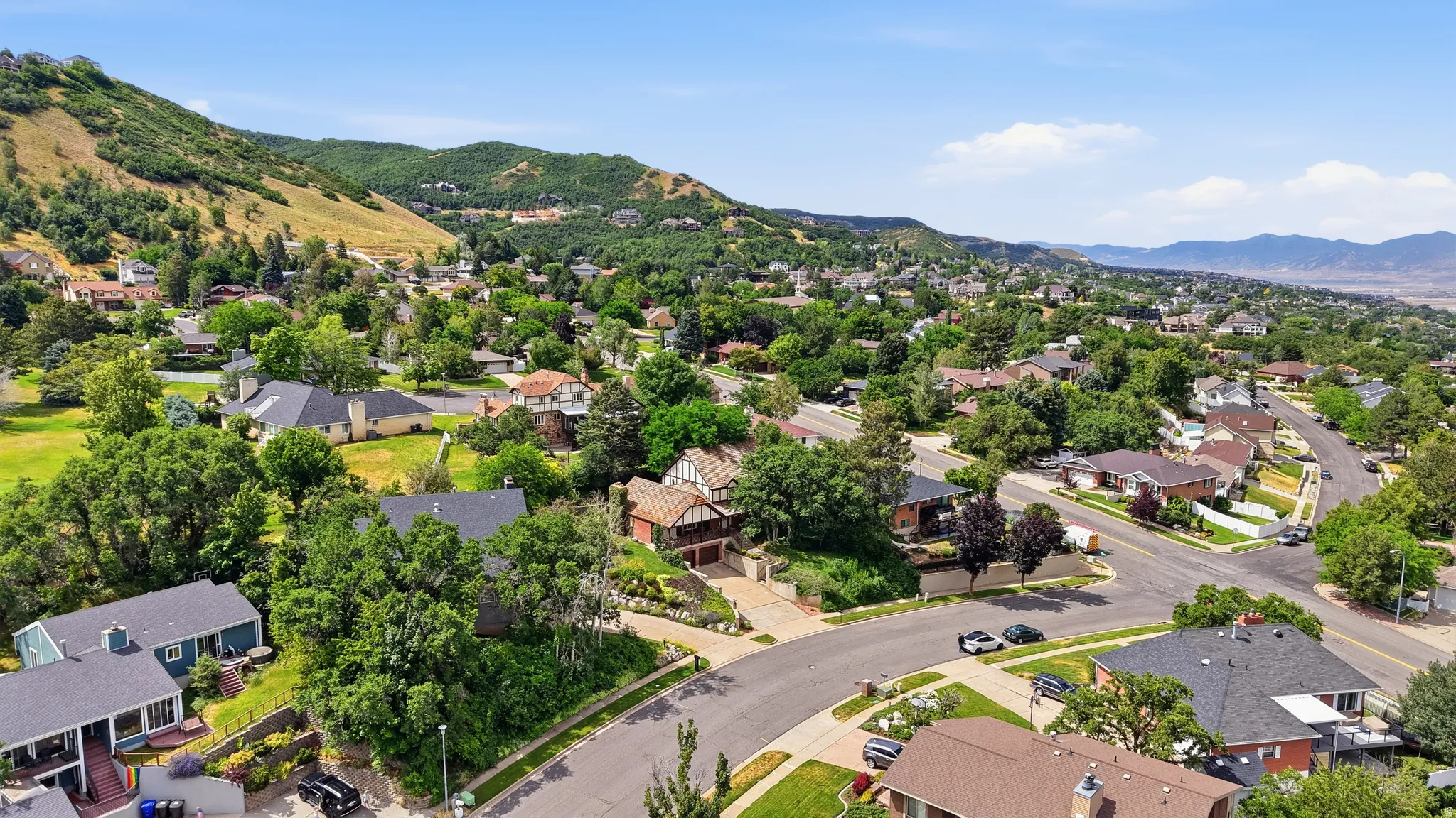 Residential neighborhood featuring paved streets, mature trees, and hillside topography