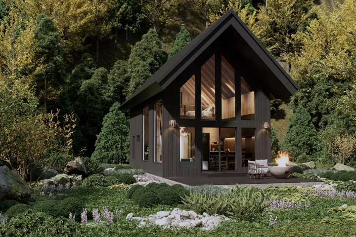 Striking modern A-frame cabin tucked among the trees, featuring dramatic glass, black Hardie board siding, and timeless mountain architecture.**Architectural rendering - finishes subject to completion.**